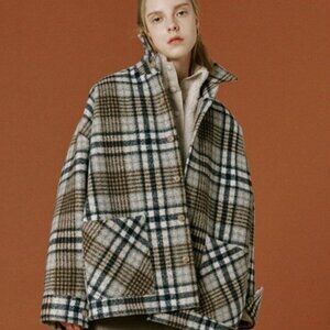 OUI MAIS NON Plaid Wool Blend Oversized Shirt Coat One Size